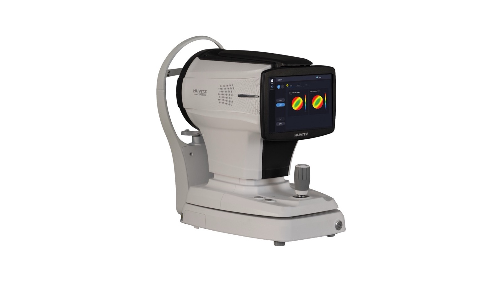 Topógrafo corneal Huvitz HTG-1 sobre mesa de consultorio, con pantalla táctil de 10,1 pulgadas
